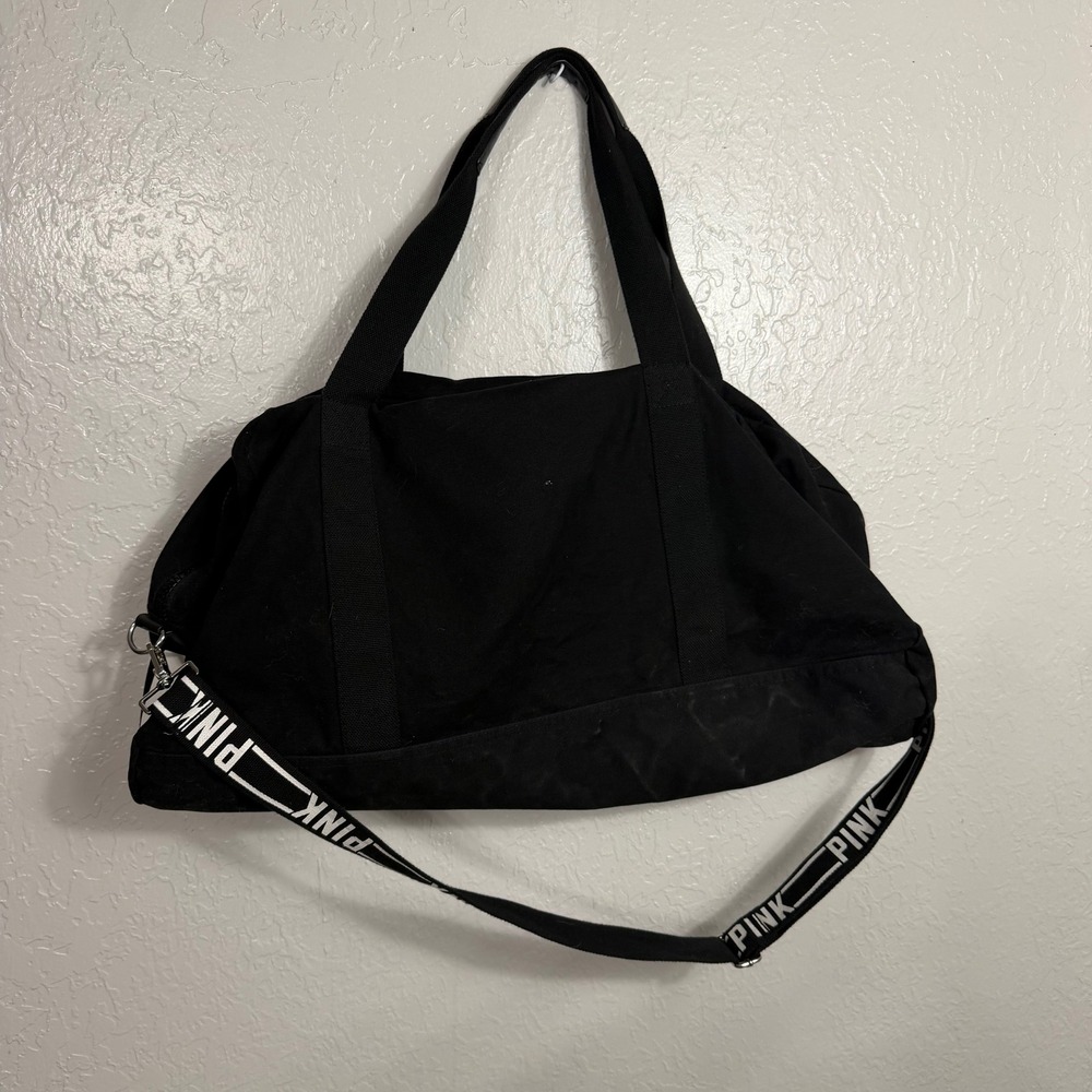 Victoria's Secret PINK Black Canvas Duffel Bag Logo Strap Weekend Gym Travel - Picture 5 of 9
